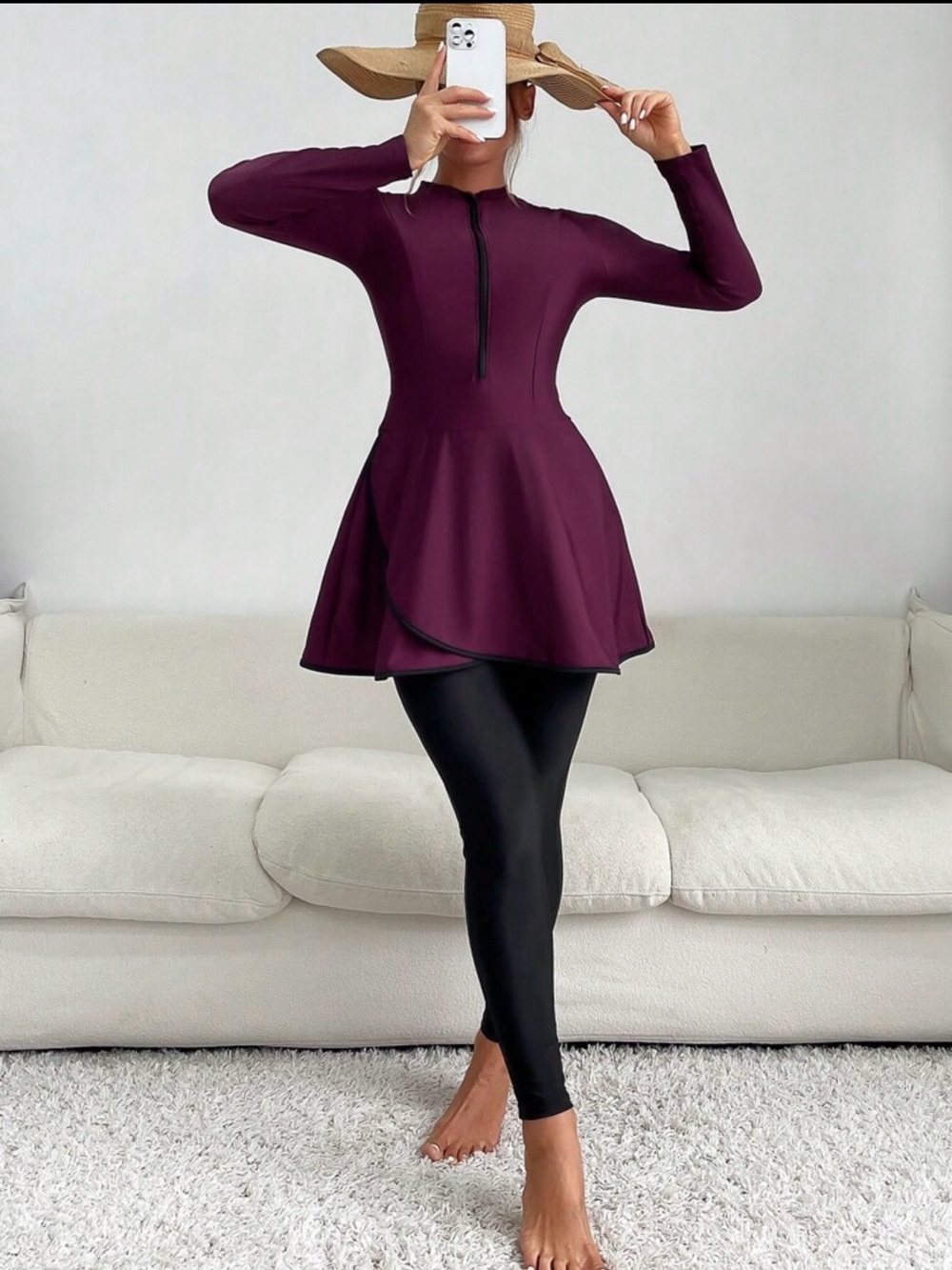 Swim set Long-Sleeve Plum Peplum Dress with Front Zip